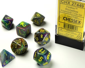 Chessex DnD Dice Set Festive Rio and Yellow 27449 | Dungeons and Dragons Dice | Polyhedral Dice | Set of 7 Dice | RPG TTRPG Polyhedral Die