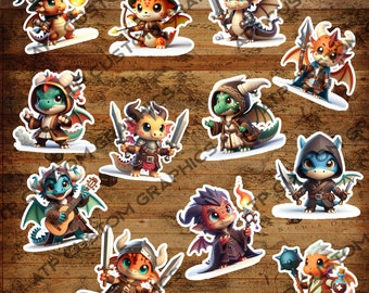 かわいいドラゴンシリーズ、12枚のステッカーセット、DNDクラスステッカー、ダンジョンマスターギフト、防水、光沢、ホログラフィック、ダンジョンズアンドドラゴンズステッカー、