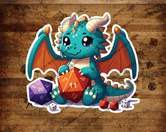 D20 ダイスで遊ぶかわいいアクアドラゴン、DND ステッカー、ダンジョンマスターギフト、防水、光沢、ホログラフィック、ダンジョンズ アンド ドラゴンズ ステッカー