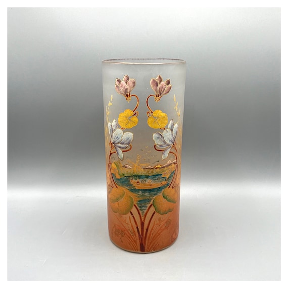 LEGRAS François-Theodore Attributed Glass Vase Hand Painted Glazed Vase Art Deco Cameo Floral Landscape Art Nouveau 40s
