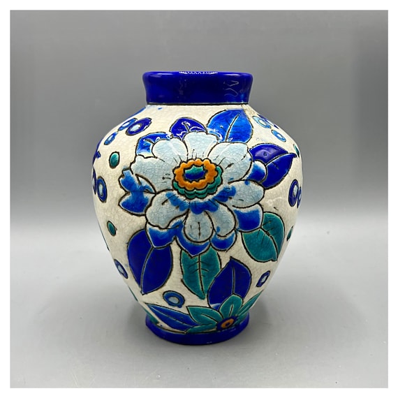 CHARLES CATTEAU Boch Frères Keramis antique glazed ceramic vase Art Deco Floral Art Nouveau ca.30