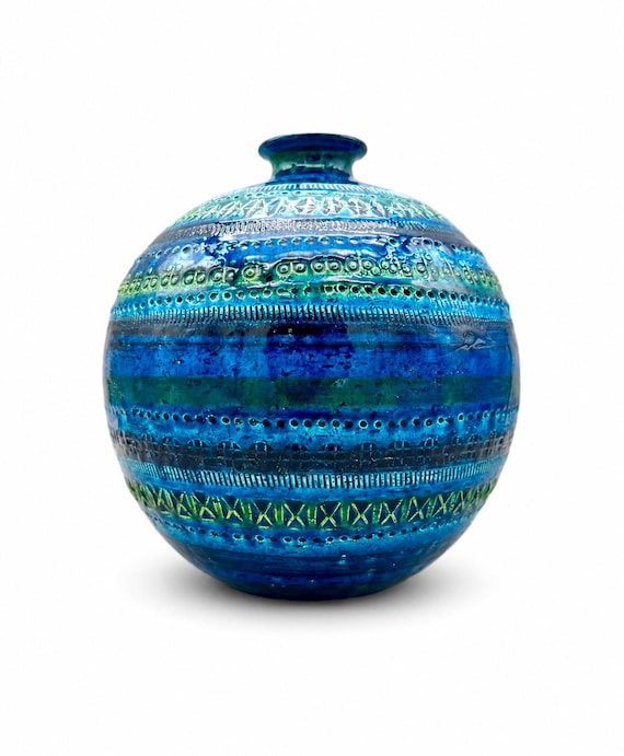 Jarrón Icónico por Aldo Londi Oval Cerámica BITOSSI Serie Rimini Blu Mid Century ca.70s
