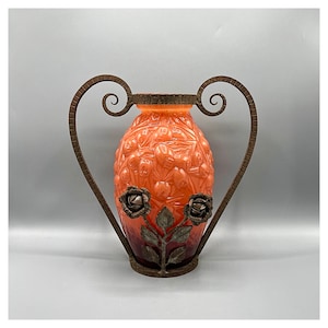 MULLER FRÈRES Fres Vase Antique Attributed Wrought Iron Hammer Glass Orange Floral Vine Art Deco France