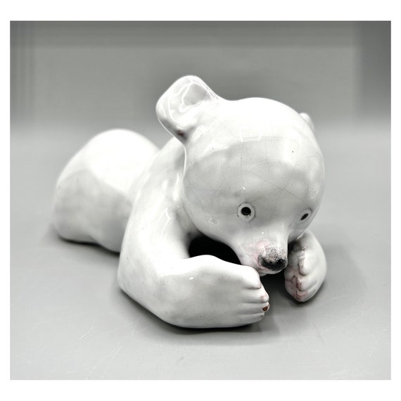 LEOPOLD ANZENGRUBER Polar Bear Reclining Cub Ceramic Figurine Austria Vintage