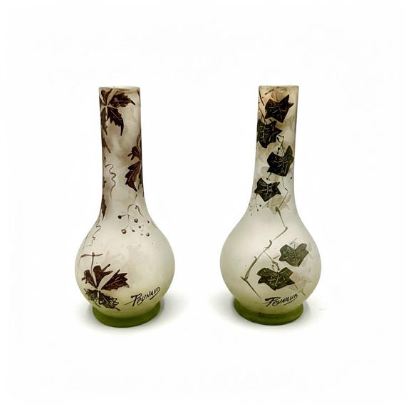 Jean-Simon PEYNAUD (1869-1952) Couple Antique Miniature Vases Glass Hand Painted Art Deco Nancy Rare