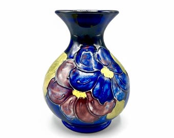 WALTER MOORCROFT Small Vase Dark Blue William Clematis Hibiscus England Pottery ca. 1970s