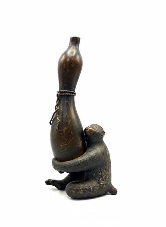 SHOAMI KATSUYOSHI after Japanese Bronze Monkey with pumpkin Sculpture Antique Style Art Object abundance and fortune protection Meiji period