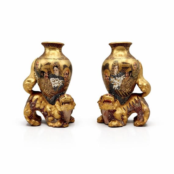 SATSUMA Miniature Figurine Pair with Dragon or Foo Dog and Baluster Vases with Deities Rare Model Japanese Ceramic Meiji Period