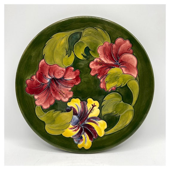 WALTER MOORCROFT Green Plate William Clematis Hibiscus Ceramic England ca. 70s