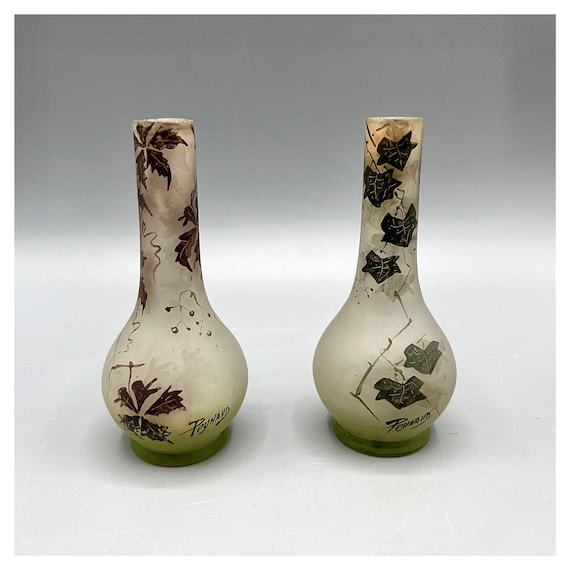 Jean-Simon PEYNAUD (1869-1952) Couple Antique Miniature Vases Glass Hand Painted Art Deco Nancy Rare