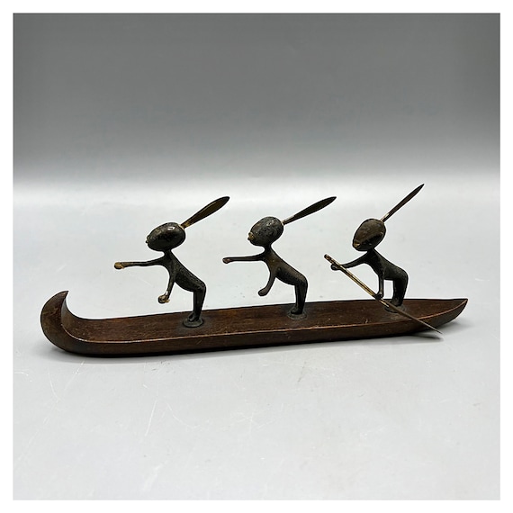 KARL WEILER style HAGENAUER Figure Canoe Padler Native African Patinated Boat Sculpture Vienna Austria Rare Art Deco model Pforzheim