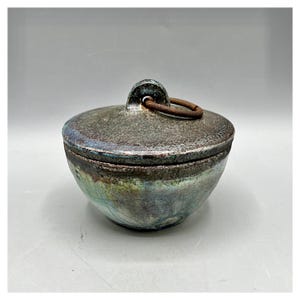 RAKU Ceramic Box Artistic Iridescence Original Contemporary Design with Rare Unique Iron Ring Stoneware Signed 90s