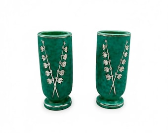 GUSTAVSBERG ARGENTA 1029 Wilhelm Kåge Art Deco Pair Mini Vases Ceramic Sweden vintage Sterling Silver Mid Century