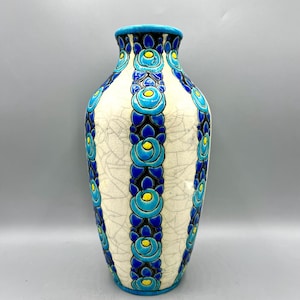 CHARLES CATTEAU Antique Floral Vase BOCH Freres La Louvière Model 704 Crackled Ceramic Belgium Art Deco