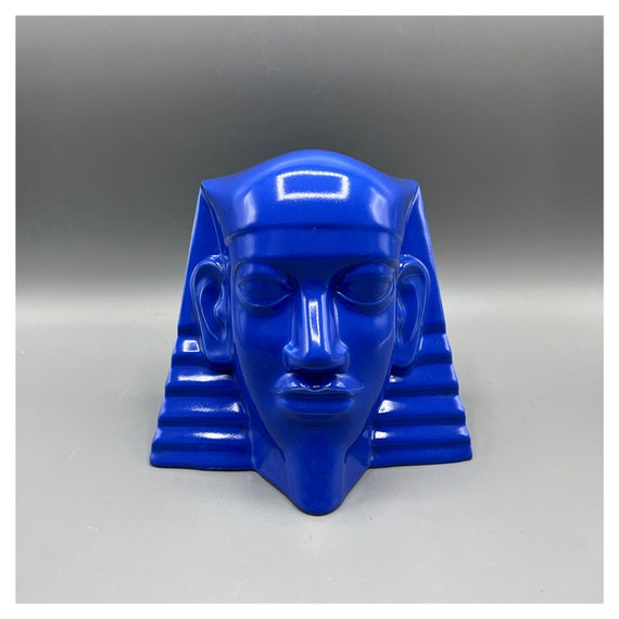 SCULPTURE bookend Pharaoh STR Faience Sainte RADEGONDE Blue Egyptian Arab Rare ceramic France 50s