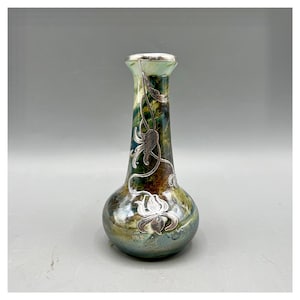 Antique iridescent ceramic miniature vase with glaze reflections and Art Nouveau floral inlays in silver Loetz style