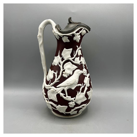 BEECH & HANCOCK Antique English relief molded jug 19th century oriental motifs Swan Stoneware White Chocolate HenryWood