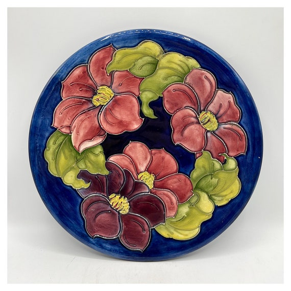 WALTER MOORCROFT Blue Plate William Clematis Hibiscus Ceramic England ca. 70s