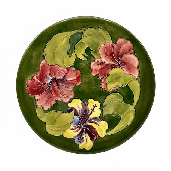 WALTER MOORCROFT Green Plate William Clematis Hibiscus Ceramic England ca. 70s