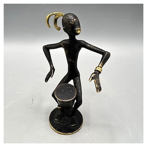 KARL WEILER Pforzheim style HAGENAUER Figure Native African Patinated Drum Sculpture Vienna Art Deco