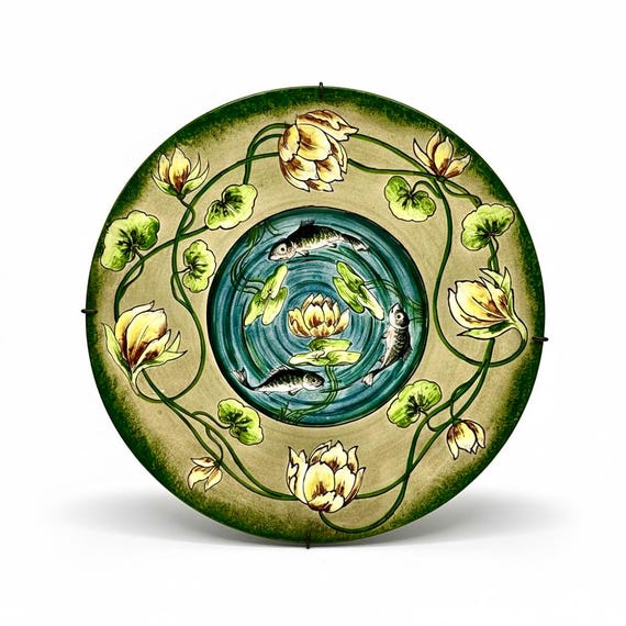 JULIUS DRESSLER Wall Plate JBD Austria Majolica Rare Modernist Ceramic Art Nouveau Fishes Collection