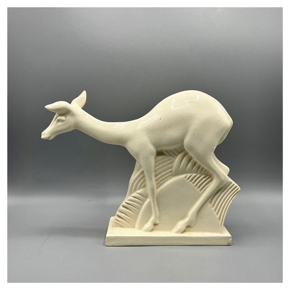 PRIMAVERA FRANCE SCULPTURE Figure Deer Ceramic old crackle rare model Fawn Bambi Reindeer Caribou Art Deco