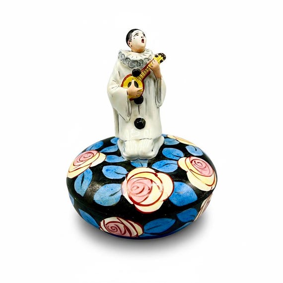 ALADIN France André-Vincent BECQUEREL Porcelain Box PIerrot Art Deco Compact Bombonera Rare Luxe
