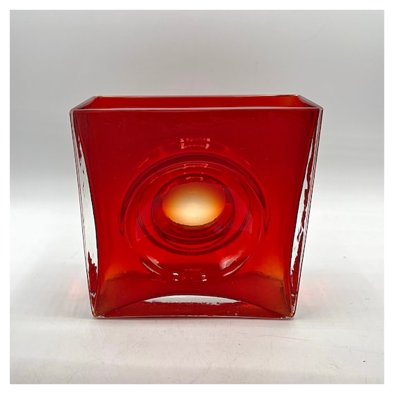 CHRISTIAN TORTU Small Antique Vase Red Cube Glass Art Deco Signed France