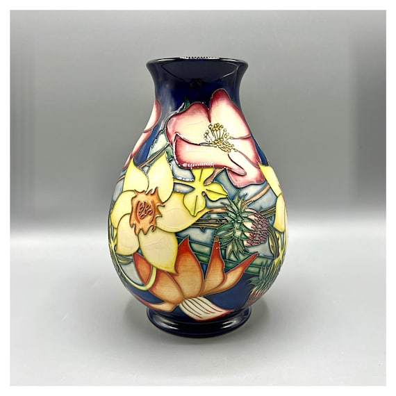 MOORCROFT GOLDEN JUBILEE Vase Design Emma Bossons Ceramic Walter & William Clematis Hibiscus England Queen Elizabeth 2