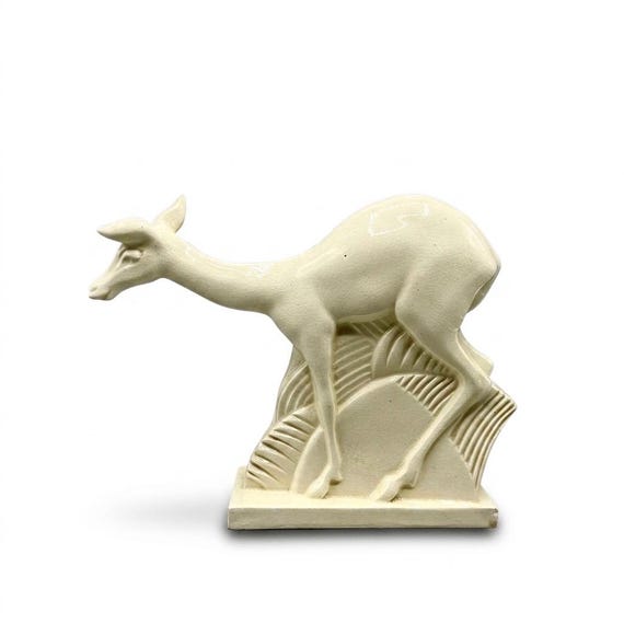 PRIMAVERA FRANCE SCULPTURE Figure Deer Ceramic old crackle rare model Fawn Bambi Reindeer Caribou Art Deco
