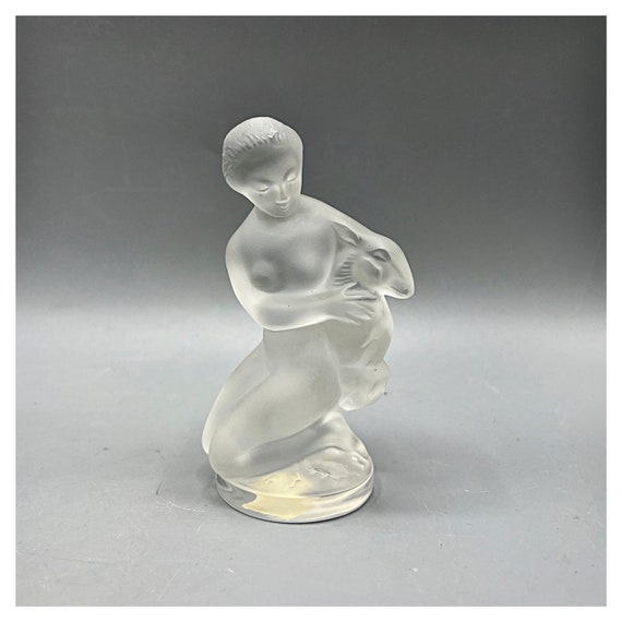 DIANE LALIQUE France Figure Diana with Fawn Deer Crystal Glazed René Figurine