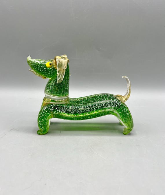 Figura Perro Dachshund Murano Verde y pan de plata 60's