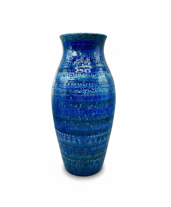BITOSSI XXL 37 cm Aldo Londi Large Format Turquoise Blue Vase Italian Ceramic Rimini Blu Italy circa 1980s