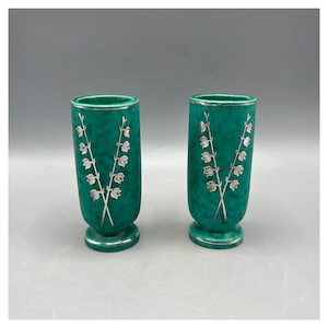 GUSTAVSBERG ARGENTA 1029 Wilhelm Kåge Art Deco Pair Mini Vases Ceramic Sweden vintage Sterling Silver Mid Century