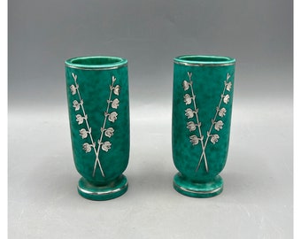 GUSTAVSBERG ARGENTA 1029 Wilhelm Kåge Art Déco Paire Mini Vases Céramique Suède vintage Argent Sterling Mid Century