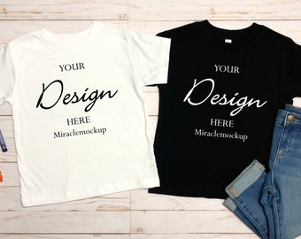 Kids White & Black Bella Canvas 3001T Mock up Toddler T-Shirt Toddler Summer Mock-up Children Shirts Flat Lay Mockup Design Template cs9