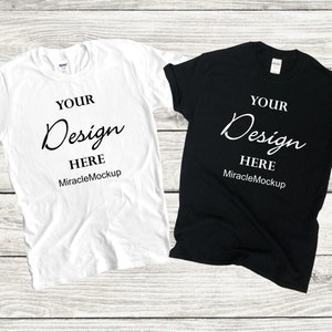 Gildan 2000 Black White T-Shirt Mock up Shirt Gildan Wood Background Mock-Up Unisex Mockup Shirt Design Template