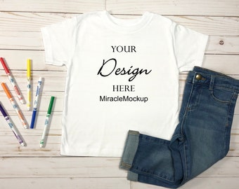 Kids Bella Canvas White Mock up Toddler T-Shirt 3001T Toddler Shirts Jeans Markers Children Flat Lay Mockup Template as3