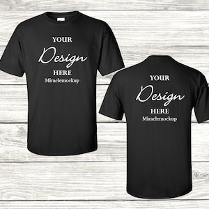 Front & Back Black Gildan 2000 Mock up Mock-Up Wood Background Gildan Mockup Men&#39;s Unisex Tee Shirt T-Shirt Design Template
