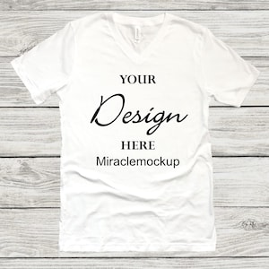 Bella Canvas 3005 White Mockup Shirt Vneck Unisex Men&#39;s Women&#39;s Flat Lay V-Neck Tee Wood Background Mock Up Template T-Shirt gs2