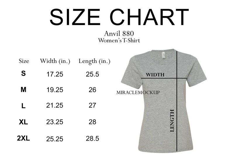 Download Anvil 880 Size Chart Mock up Ladies Women's T-Shirt Short ...