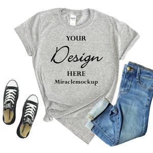 Sport Grey Gildan 64000 Softstyle Mock up Shirt White Background Jeans Sneakers Shoes Mock-Up Women&#39;s Unisex Tee Gray Mockup T-Shirt bf2