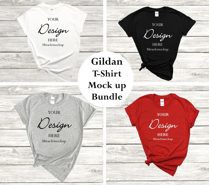 K&ouml;nnte beinhalten: Vier Gildan T-Shirts in verschiedenen Farben: Wei&szlig;, Schwarz, Grau meliert und Rot. Jedes Shirt hat den Text "YOUR Design HERE Miraclemockup" auf der Vorderseite.