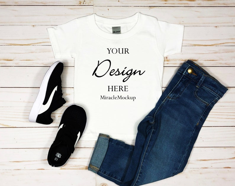 Download Kids White Gildan Mock up Toddler T-Shirt Toddler Shoes Jeans | Etsy