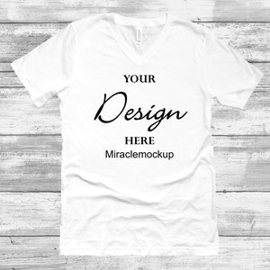 Bella Canvas 3005 White Mockup Shirt Vneck Unisex Men&#39;s Women&#39;s Unisex Flat Lay V-Neck Tee Wood Background Mock Up Template T-Shirt mb2