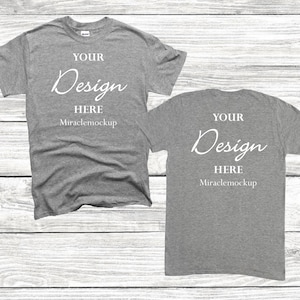 May include: A heather gray t-shirt mockup with the text "YOUR Design HERE Miraclemockup" on the front and back.