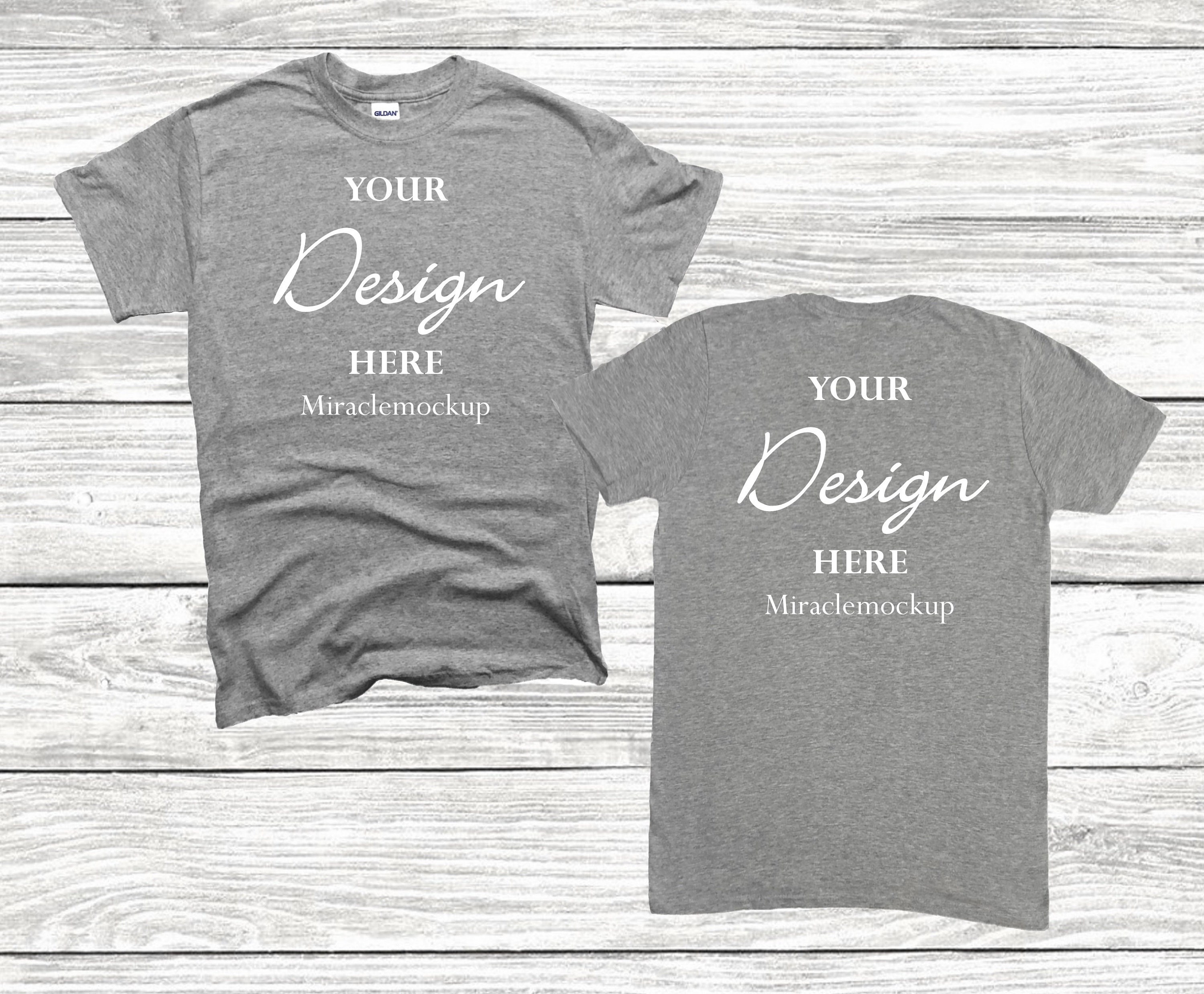 Graphite Heather Front & Back Gildan Softstyle Mock up Tshirt Wood Background Gildan Mockup Men's Tee Shirt T-Shirt Template st2