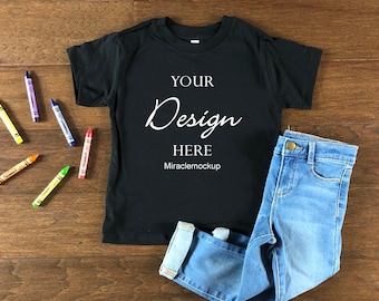 Kids Black Bella Canvas Mock up Toddler T-Shirt Toddler Shirts Children Flat Lay Mockup Design Template tb2