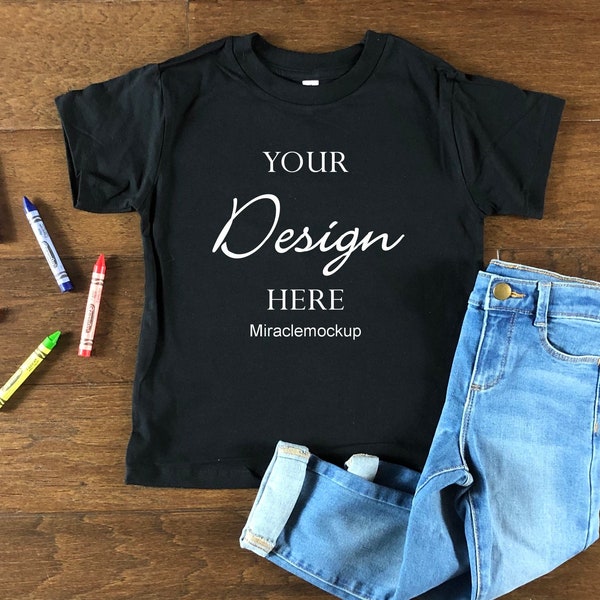 Kids Black Bella Canvas Mock up Toddler T-Shirt Toddler Shirts Children Flat Lay Mockup Design Template tb2