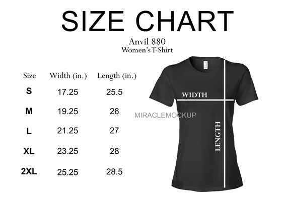 Anvil 880 Size Chart Mock up Ladies Women's T-Shirt Short | Etsy